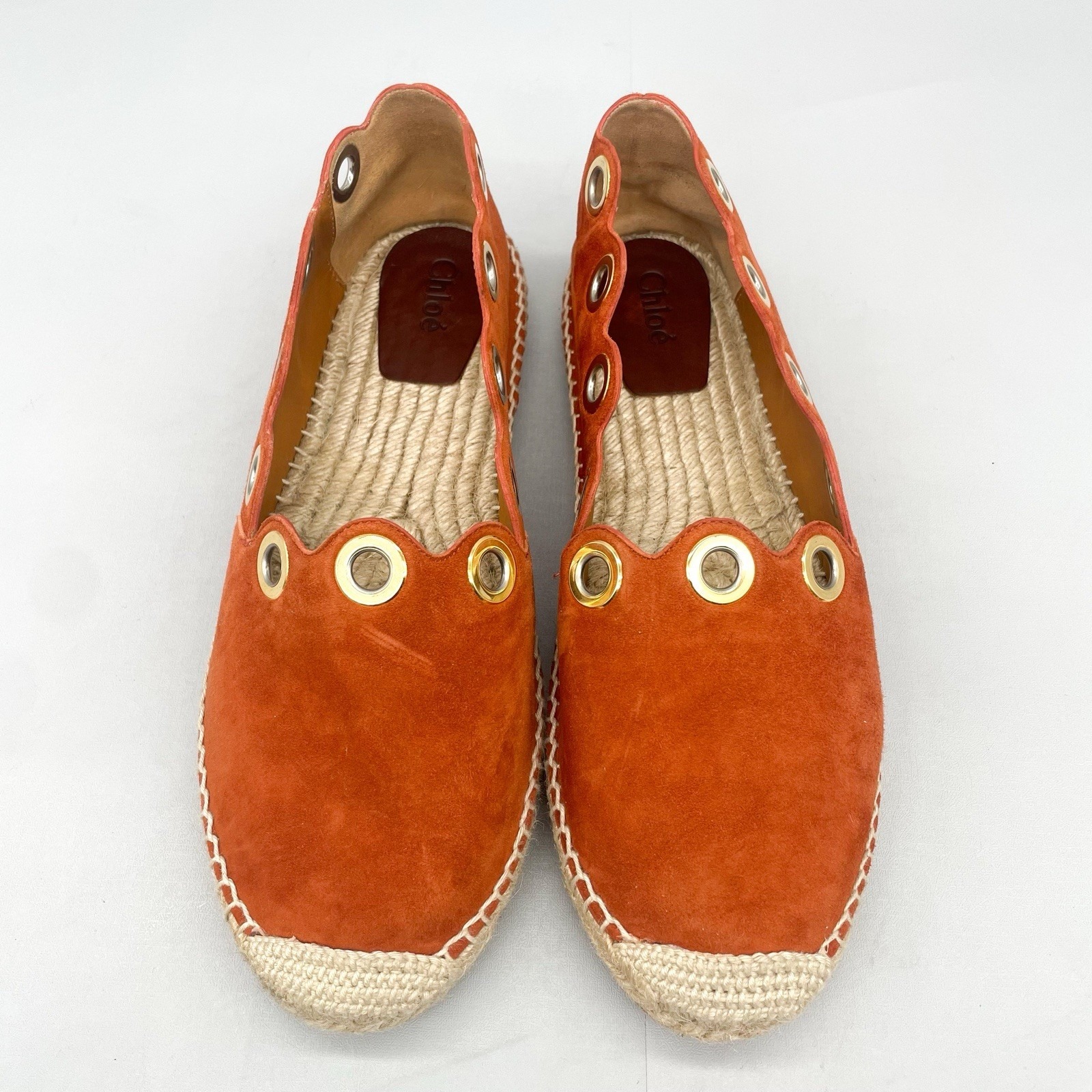 Chloe Womens 39 9 Scalloped Grommet Espadrilles Loafer Shoes Orange Suede Flat